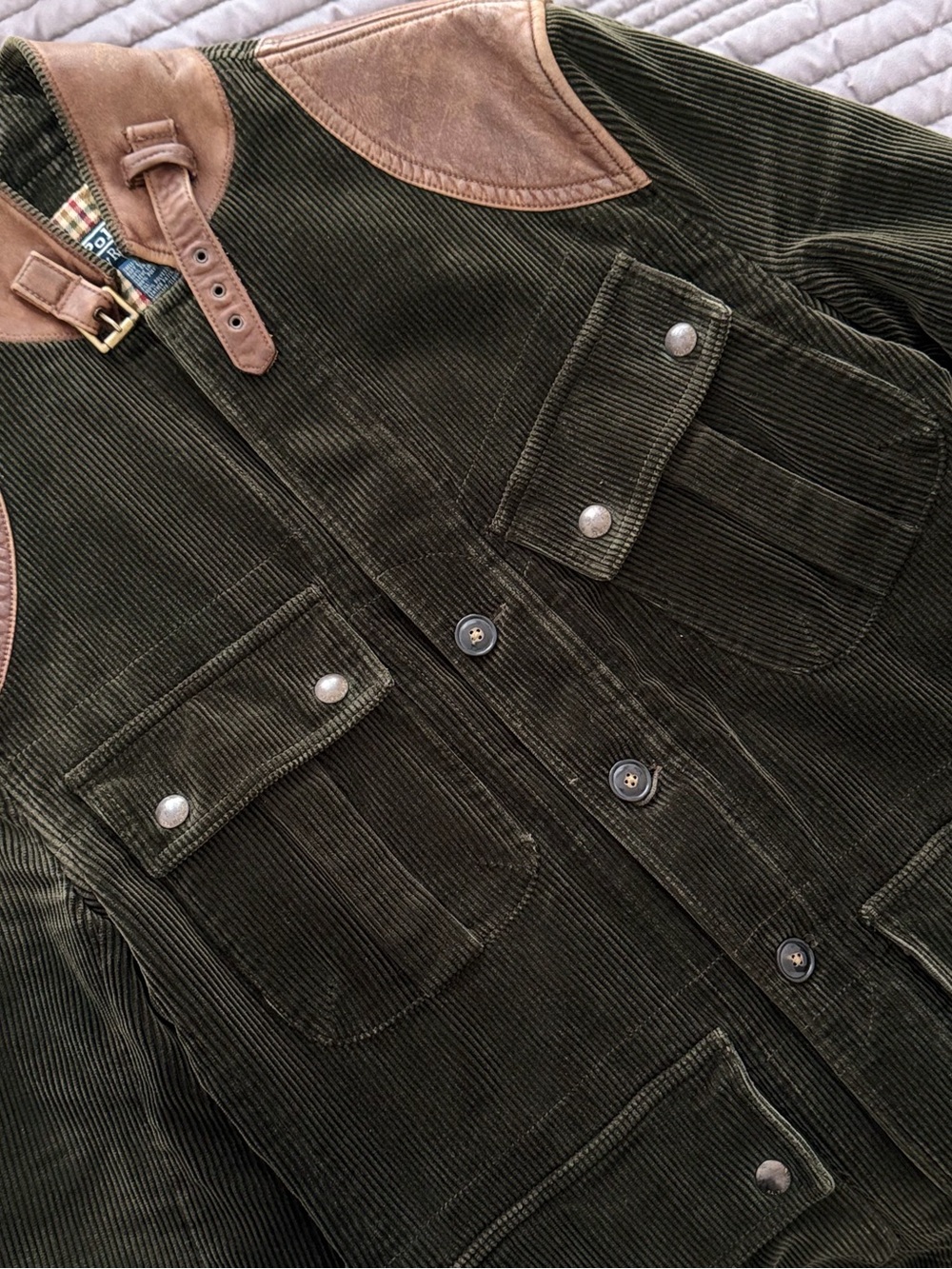 Ralph Lauren Olive Corduroy Field Jacket with Brown Leather Shoulders - Picture 3 of 5
